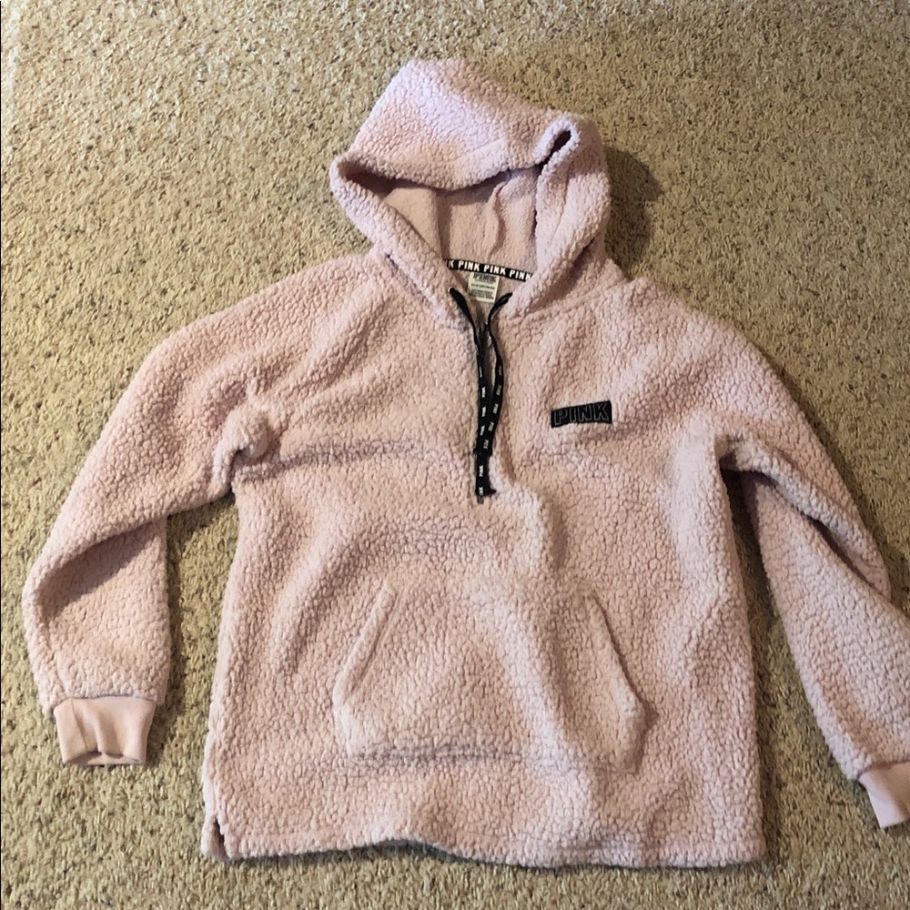 PINK Victoria's Secret Plush Quarter-Zip Sherpa Hoodie - Light Pink